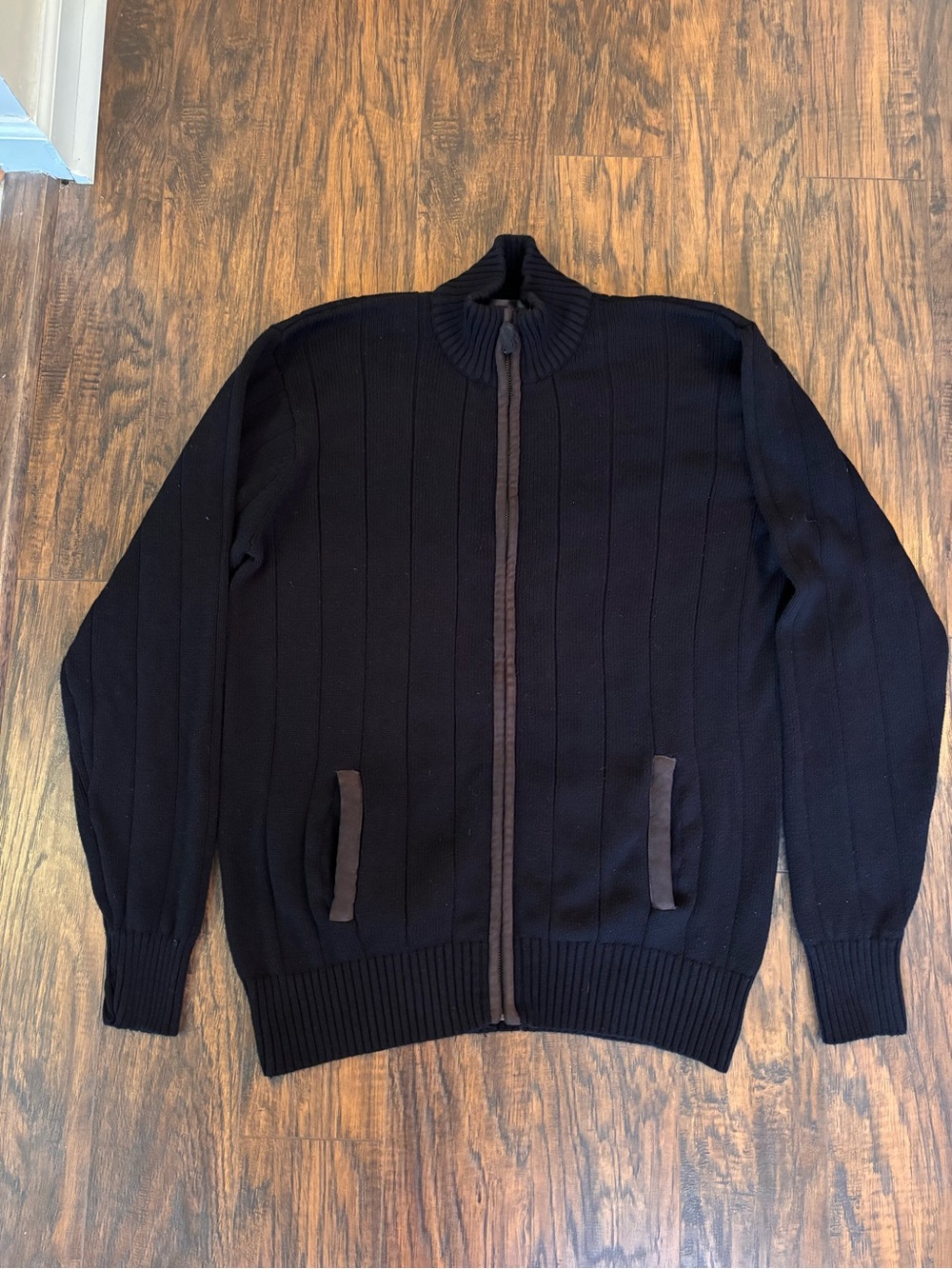 Oscar de la Renta Black Full-Zip Ribbed Knit Sweater 100% Cotton Academia Large